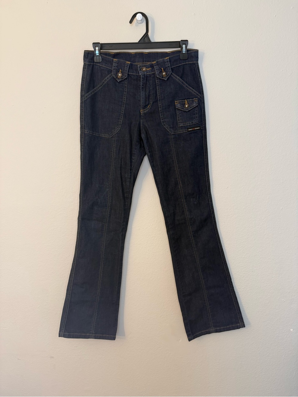 VTG Y2K DKNY Jeans Dark Wash Pocketless Back Split Hem Slit Leg Flare size 5